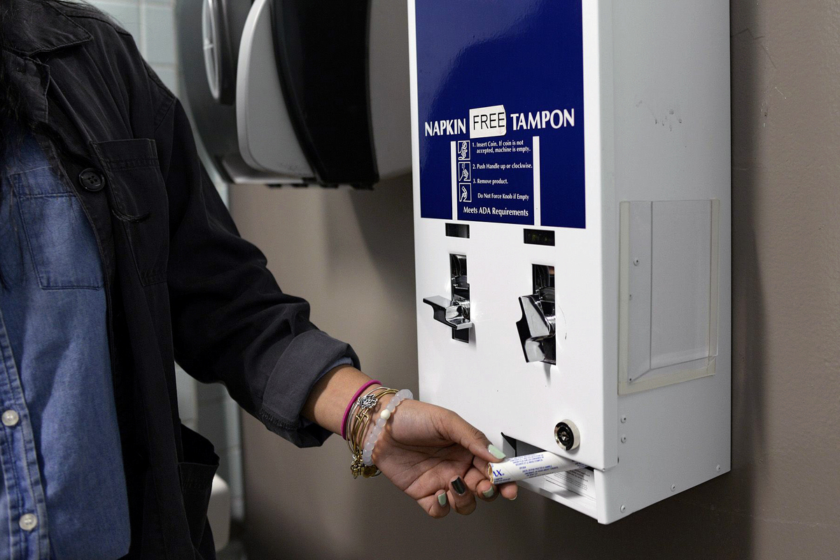 In some New York City schools, the bathroom dispensers provide sanitary products for free.