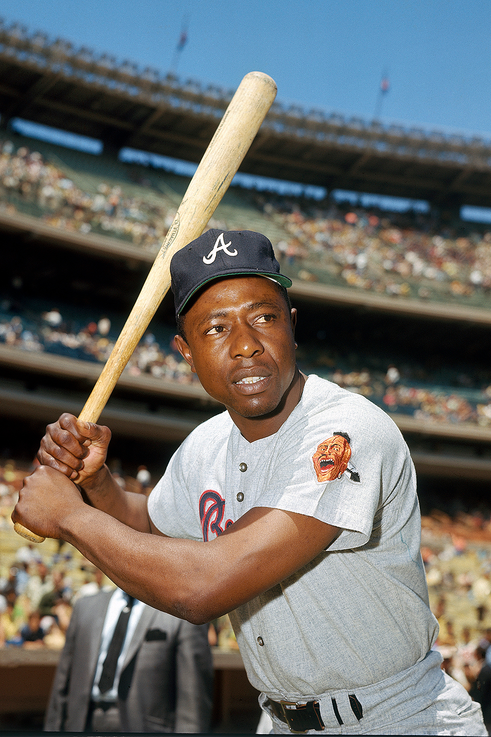 UNDATED:  Hank Aaron of the Atlanta Braves poses for an action portrait circa 1968.  Hank Aaron played for the Atlanta Braves from 1954 to 1954.   (Photo by Louis Requena/MLB via Getty Images)