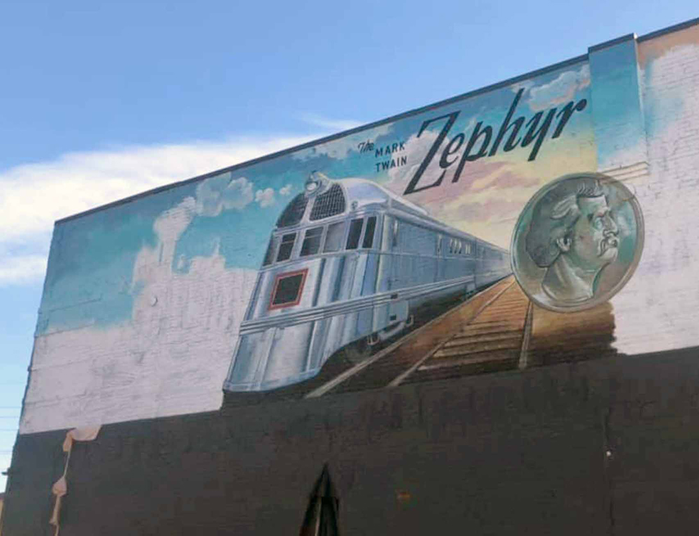 Mark Twain Zephyr mural in Hannibal Missouri 1
Artist Ray Harvey's mural of the Mark Twain Zephyr, in Hannibal, Missouri, Friday, 13 October 2021. Photo by Ray Harvey