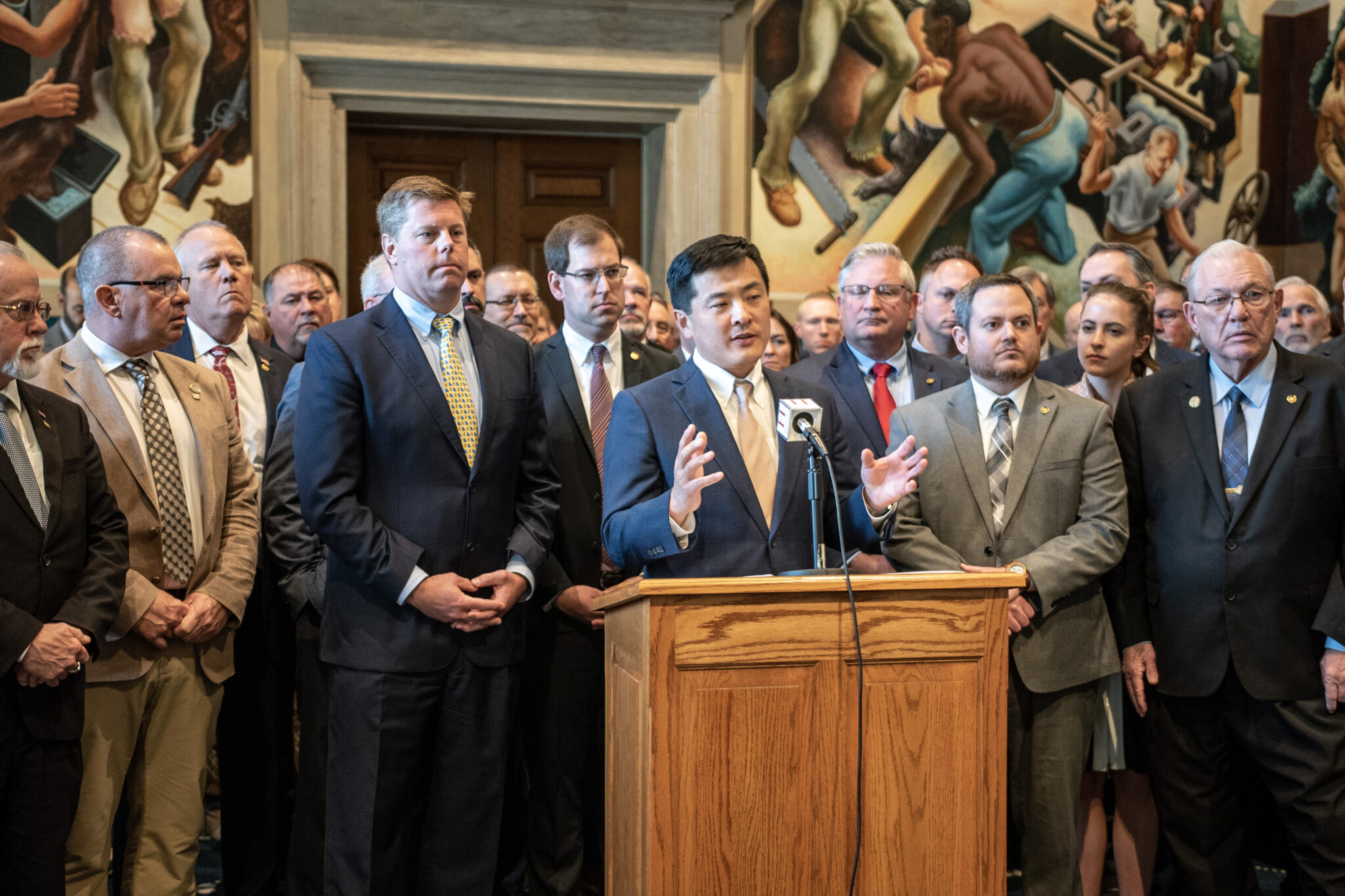 House Majority Leader Jon Patterson, R-Lee's Summit, speaks in a press conference after voting against a bill seeking to ban gender-affirming care for minors (Annelise Hanshaw/Missouri Independent).