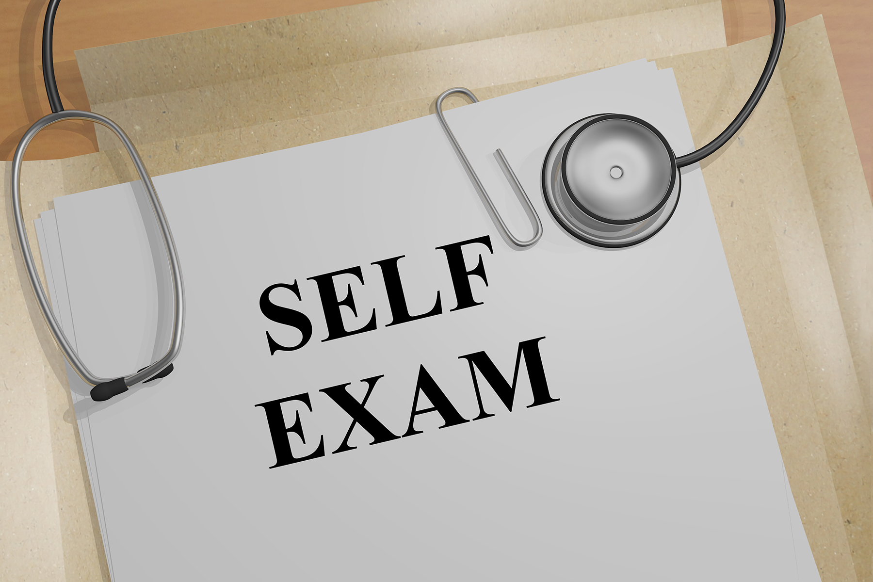 3D illustration of 'SELF EXAM' title on a medical document