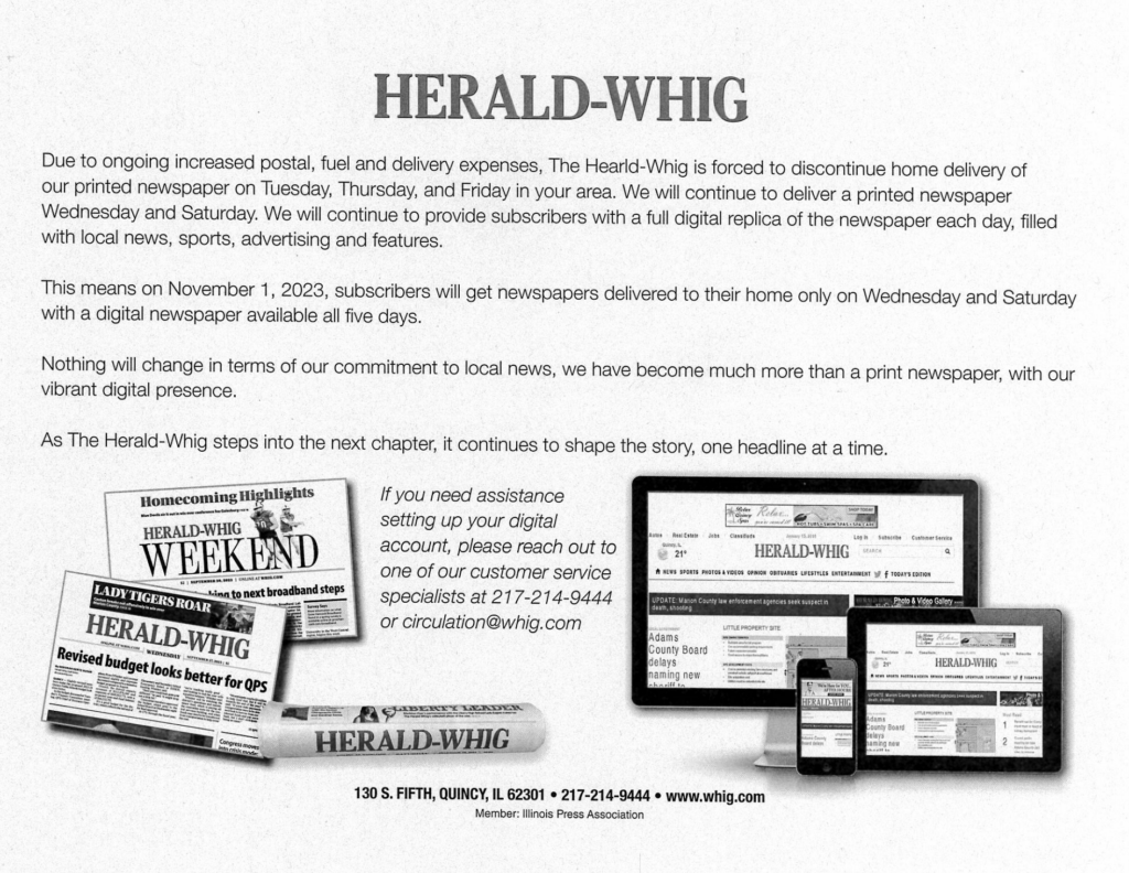 Herald Whig to reduce printed publication to two days a week in