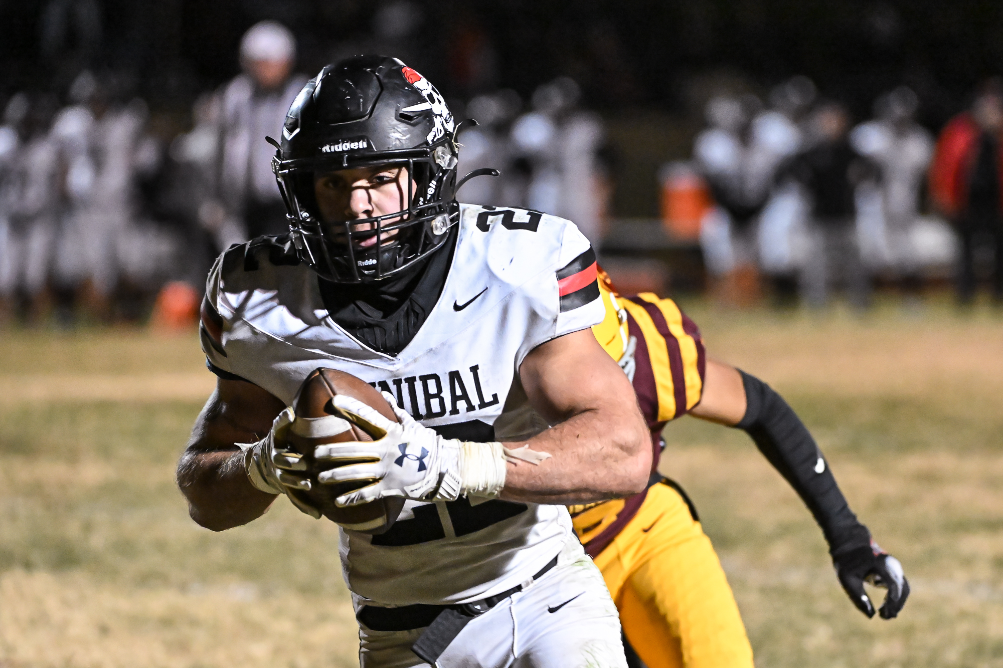 Hannibal Pirates senior Aneyas Williams (22) runs towards the end zone for a touchdown during the class 4 State Quarterfinal game between the Hannibal Pirates and the Lutheran North Crusaders on Friday November 17, 2023 at Lutheran North High School in St. Louis County, MO  (Rick Ulreich, special to Muddyrivernews.com)