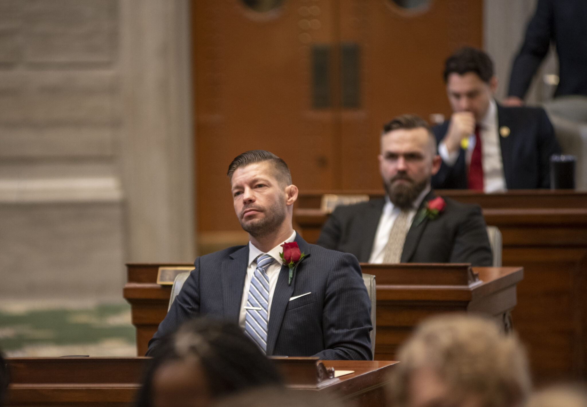Sen. Ben Brown, R-Washington, listens during the first day of Missouri’s legislative session January 4, 2023. He pre-filed a bill aiming to give parents more access to curriculum and learning materials. (Annelise Hanshaw/Missouri Independent)