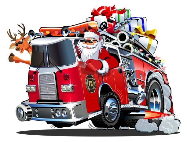 Cartoon retro Christmas firetruck, Santa and reindeer. Available eps-10 vector format separated by groups and layers for easy edit
