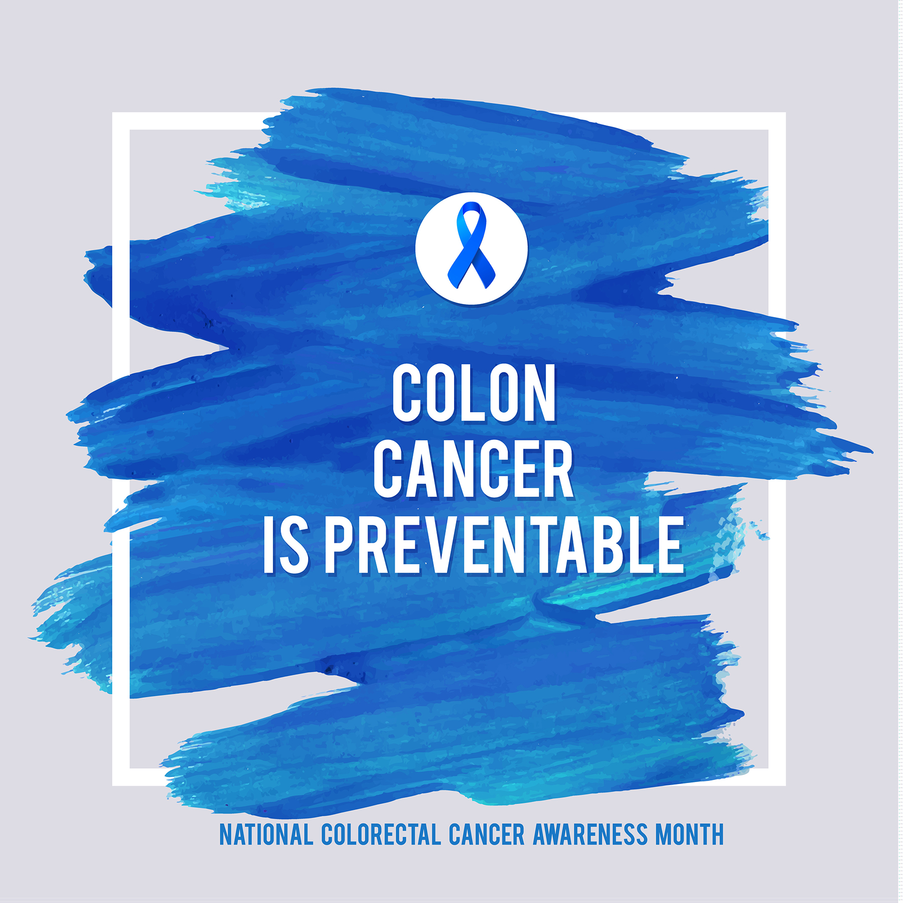 CLORECTAL Cancer Awareness Creative Grey and Blue Poster. Brush Stroke and Silk Ribbon Symbol. National Colon Cancer Awareness Month Banner. Brush Stroke and Text. Medical Square Design.