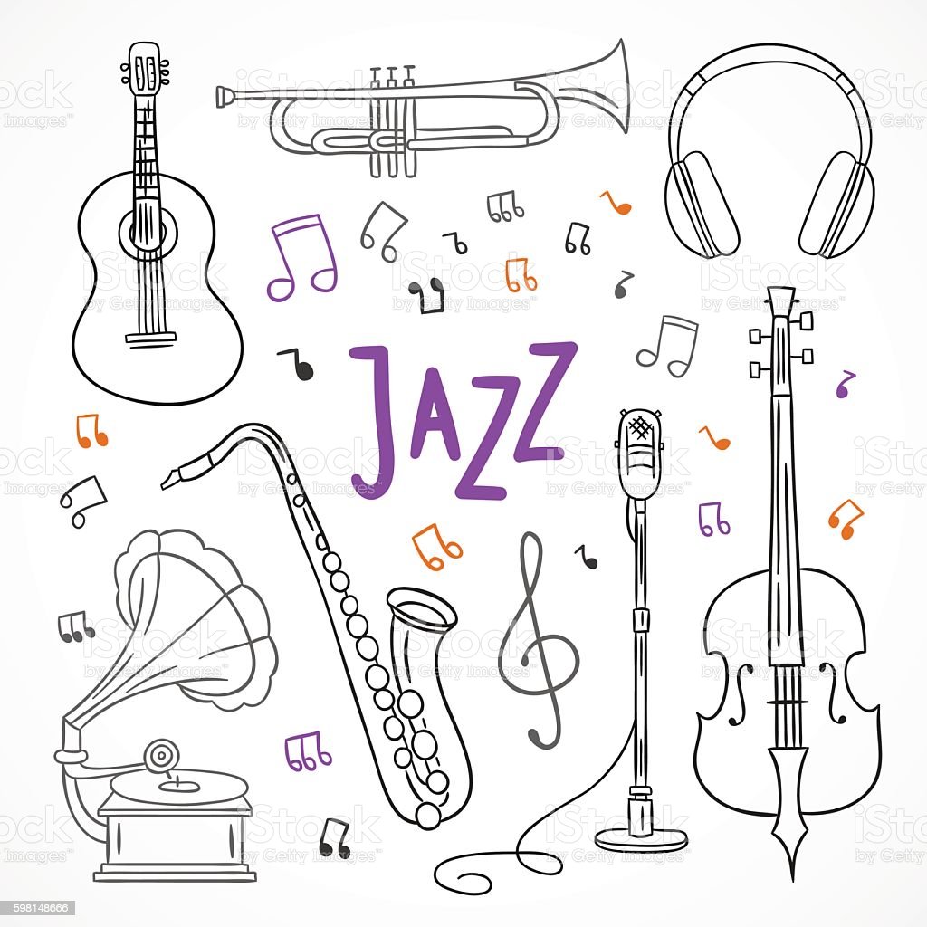 Jazz music illustrations. Hand drawn musical instruments. Musical orchestra outline drawings