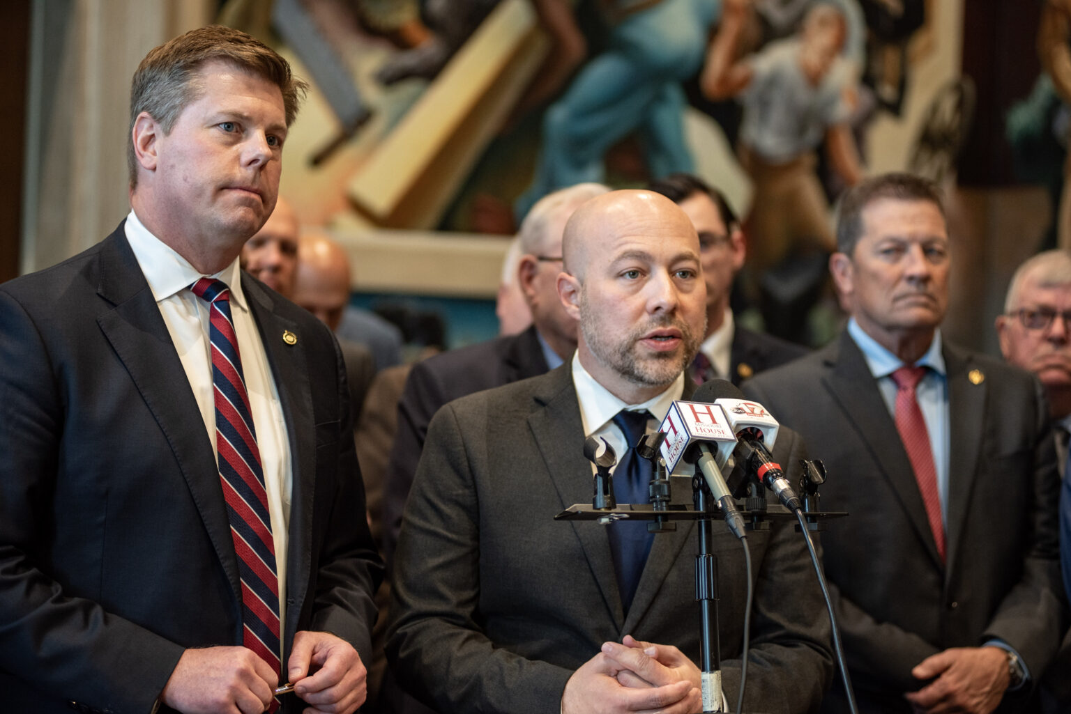 Speaker of the House Dean Plocher, R-Des Peres, and House Budget Chair Cody Smith, R-Carthage, speak to the press after passing the Fiscal Year 2025 operating budget (Annelise Hanshaw/Missouri Independent).