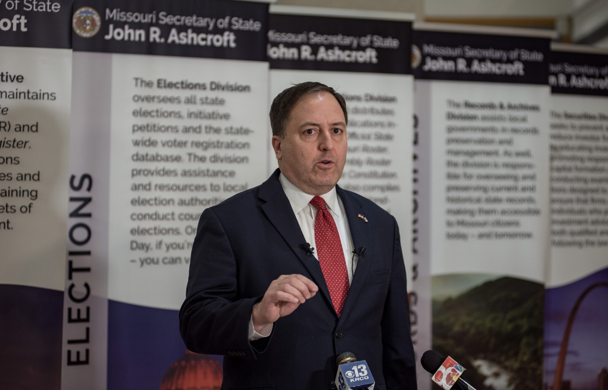 Missouri Secretary of State John "Jay" Ashcroft speaks to reporters Dec. 20 about the Colorado Supreme Court's decision to bar former president Donald Trump from the Colorado ballot (Annelise Hanshaw/Missouri Independent).