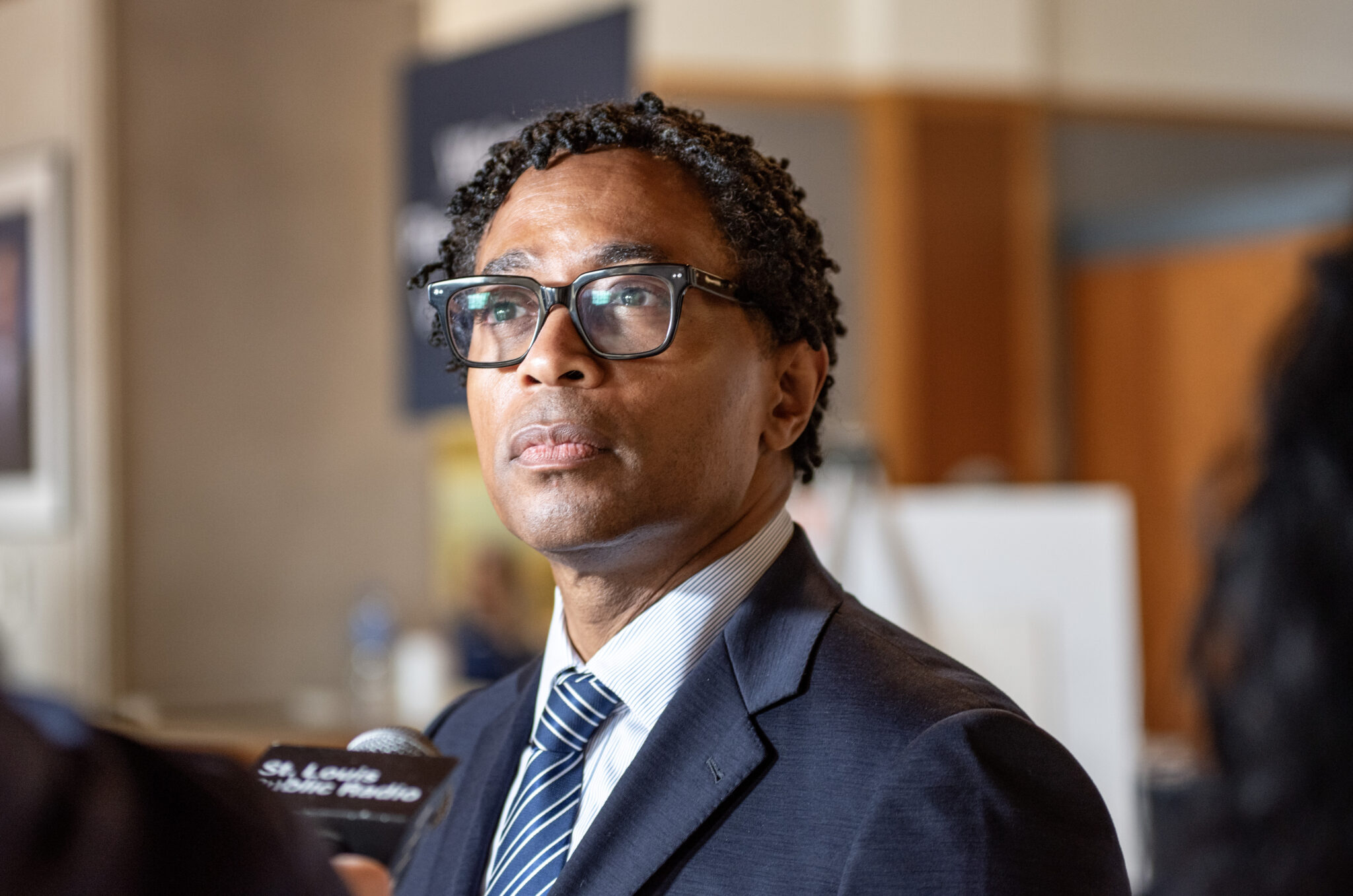 Wesley Bell, who is hoping to unseat Cori Bush for Missouri's First District congressional seat, tells reporters he believes Bush isn't properly representing the district (Annelise Hanshaw/Missouri Independent).