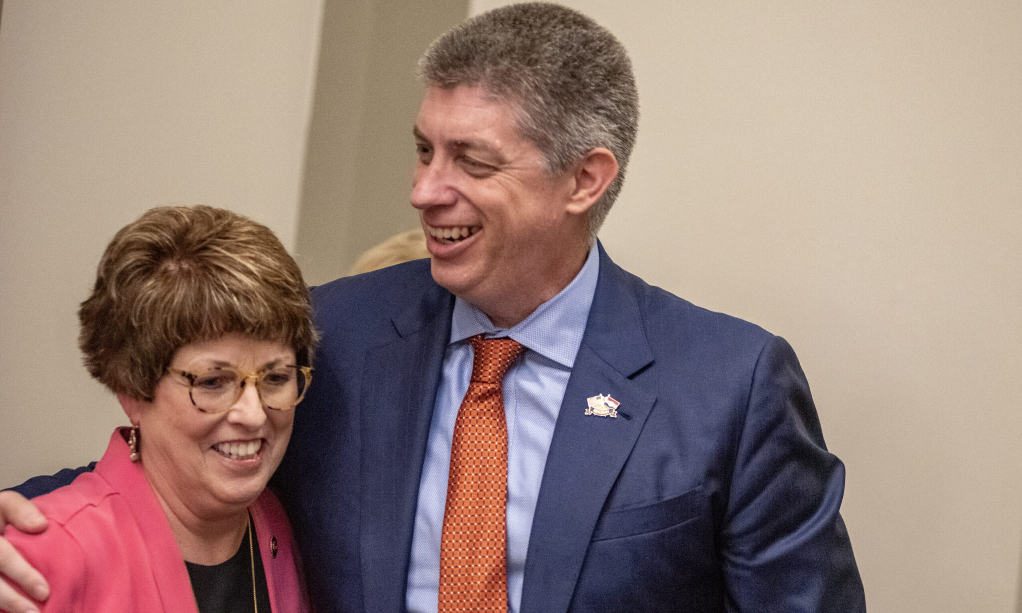 Senate Majority Leader Cindy O'Laughlin, R-Shelbina, hugs Sen. Bill Eigel, R-Weldon Spring, after a contentious legislative session Friday. She told reporters she did not always agree with Eigel, but she "loved him." (Annelise Hanshaw/Missouri Independent).