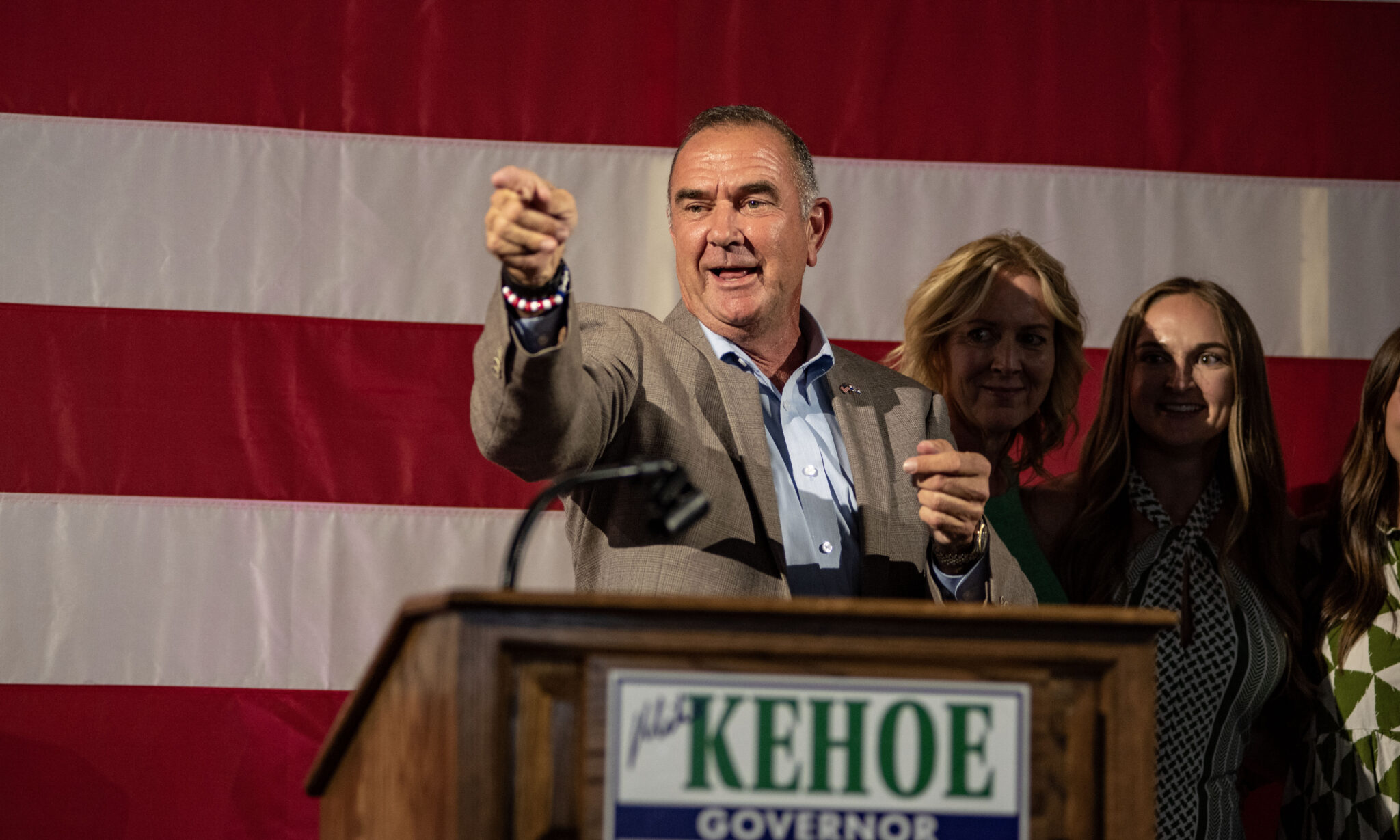 Mike Kehoe, the Republican candidate for Missouri governor, thanks supporters as he steps onstage for his victory speech the night of the primary election (Annelise Hanshaw/Missouri Independent).