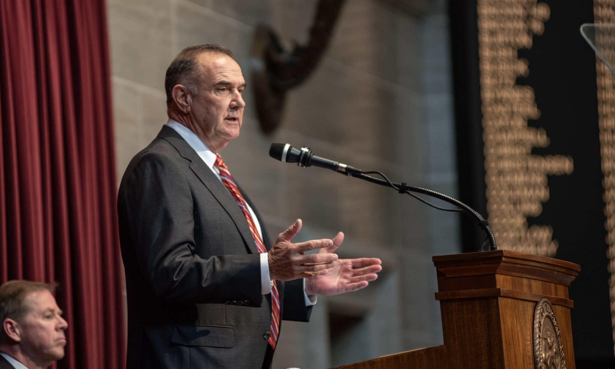 Gov. Mike Kehoe reiterates his focus on public safety during his State of the State speech Tuesday afternoon in the Missouri House chambers (Annelise Hanshaw/Missouri Independent).